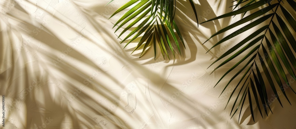 Obraz premium Minimal summer concept with palm tree leaves and shadows cast by sunlight on a pastel beige background.