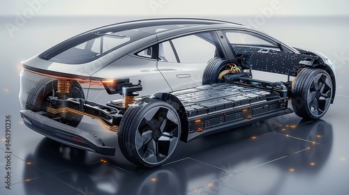 lithium ion EV battery in electric car. Generative AI.