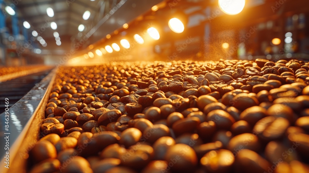 Fototapeta premium Heat and steam rising from coffee beans during the roasting process at a modern factory, capturing the transformation