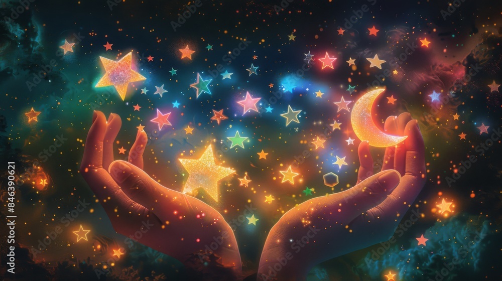 Fantasy glowing star and moon garland held by hands against a black ...