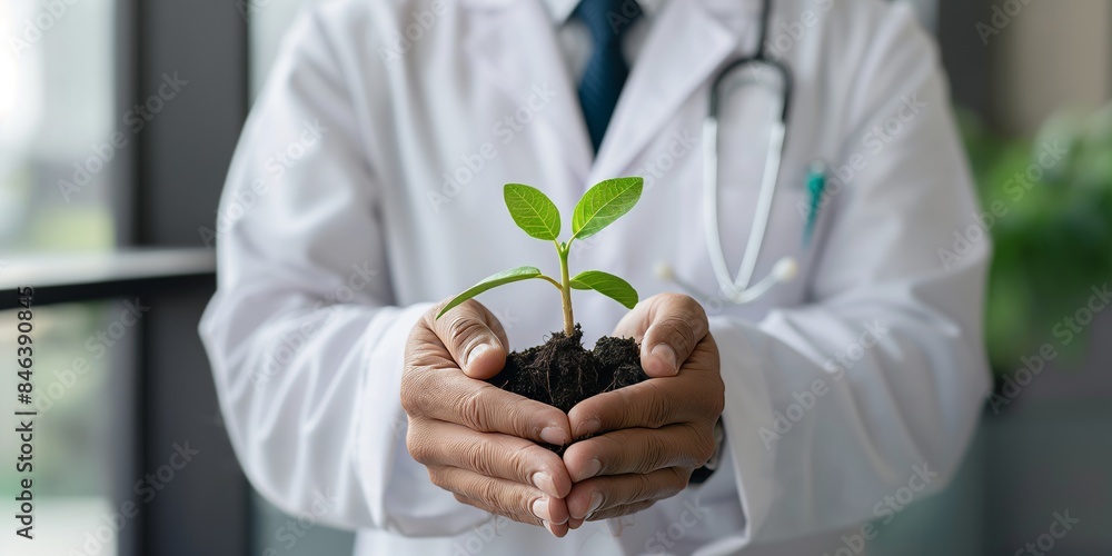 A medical professional, dressed in a white coat with a stethoscope, holds a small sapling with soil in both hands, representing health, growth, and nurturing nature. A medical professional, dressed in a white coat with a stethoscope, holds a small sapling with soil in both hands, representing health, growth, and nurturing nature.