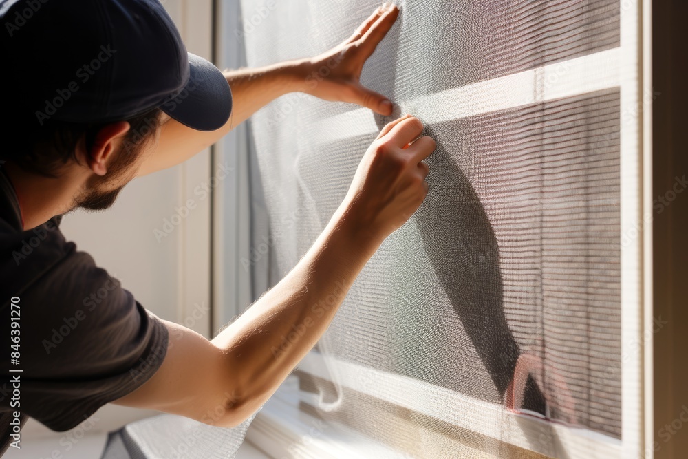 Obraz premium A person installing a mesh screen on a window frame