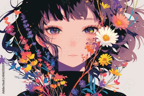 Anime Girl Surrounded by Flowers