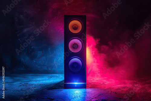 Music column, speaker in bright colored lighting. Music and sound concept. Generated by artificial intelligence