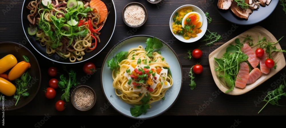 Assorted Dinner Plates With Pasta, Salad, and Eggs on a Black Tabletop Assorted Dinner Plates With Pasta, Salad, and Eggs on a Black Tabletop