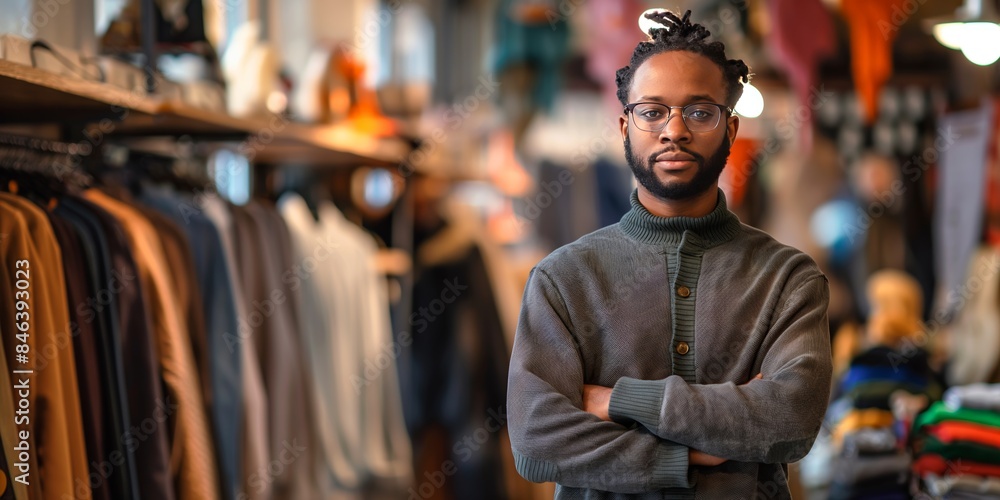 A man with glasses stands confidently in a cozy clothes store, wearing warm attire. The store shelves behind him are neatly organized with various clothing items. A man with glasses stands confidently in a cozy clothes store, wearing warm attire. The store shelves behind him are neatly organized with various clothing items.