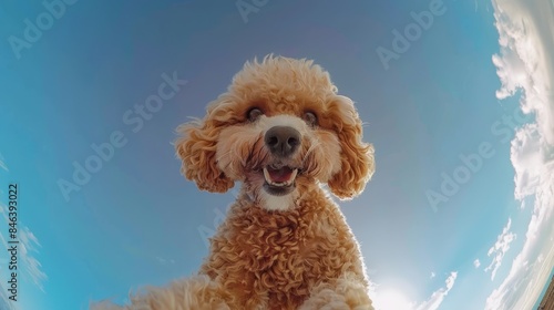  A close-up of a dog's face against a backdrop of a blue sky and scattered clouds