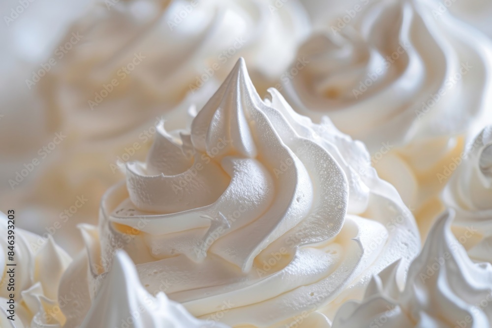 Close-up of white meringue swirls, emphasizing their smooth, glossy texture and intricate details. The focus highlights the delicate and airy nature of the dessert Close-up of white meringue swirls, emphasizing their smooth, glossy texture and intricate details. The focus highlights the delicate and airy nature of the dessert