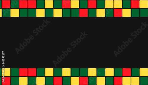 Abstract block border in green, yellow and red on black background with text space, color symbolism for Juneteenth, Africa, reggae	
