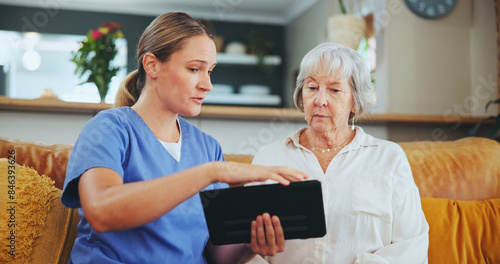 Obraz na płótnie Senior woman, nurse and consulting with tablet for healthcare, medicare or results at nursing home