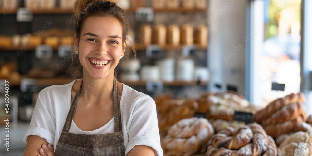 A smiling female baker is standing in her bakery, wearing an apron and white shirt, with assorted fresh breads displayed on the shelves in the background. A smiling female baker is standing in her bakery, wearing an apron and white shirt, with assorted fresh breads displayed on the shelves in the background.