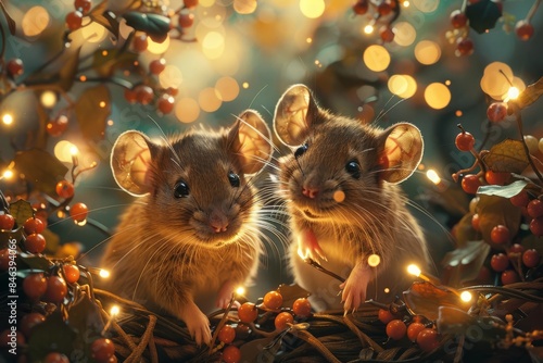 Low-angle view of joyful mice with festive whiskers celebrating Christmas in July, surrounded by holiday decor and summer-themed decorations, vibrant colors, magical ambiance, oil painting style © AbsoluteAI