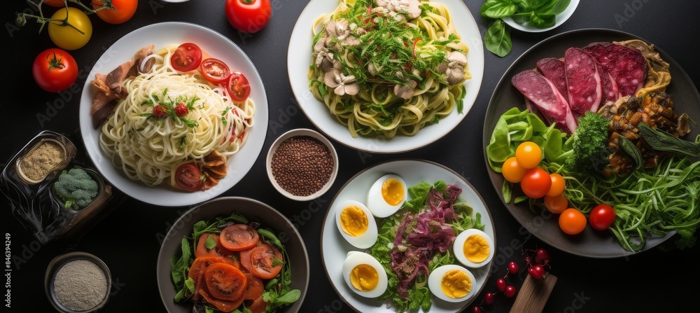 Assorted Dinner Plates With Pasta, Salad, and Eggs on a Black Tabletop Assorted Dinner Plates With Pasta, Salad, and Eggs on a Black Tabletop