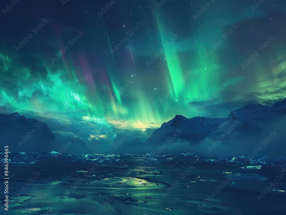 Naklejka premium A beautiful night sky with a green aurora and mountains in the background