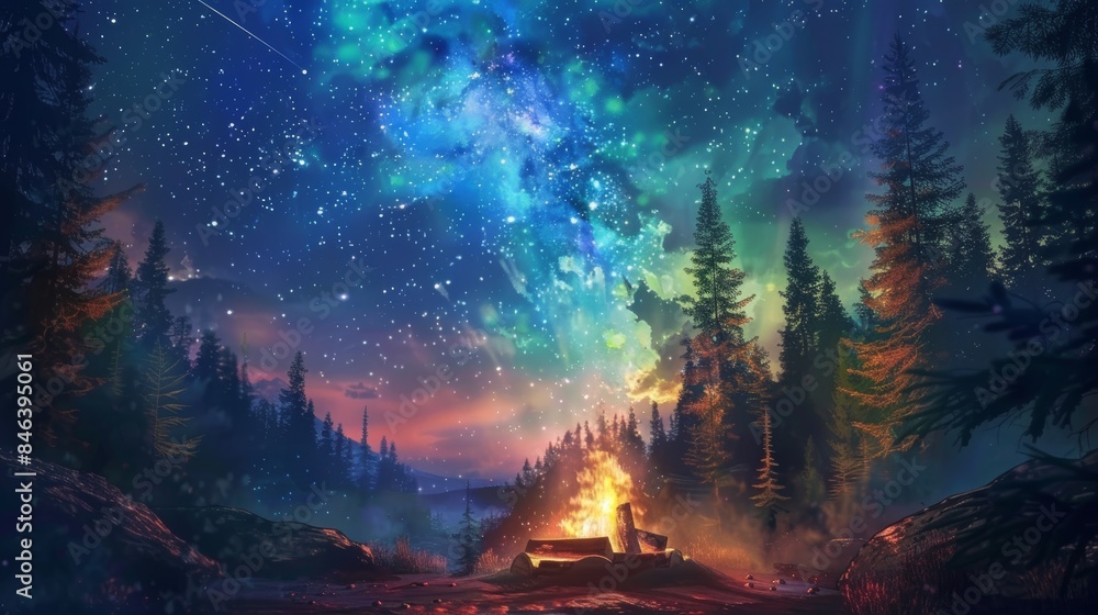 Night camping with a cozy atmosphere by the campfire in the forest with the vivid colors of the northern lights in the starry sky