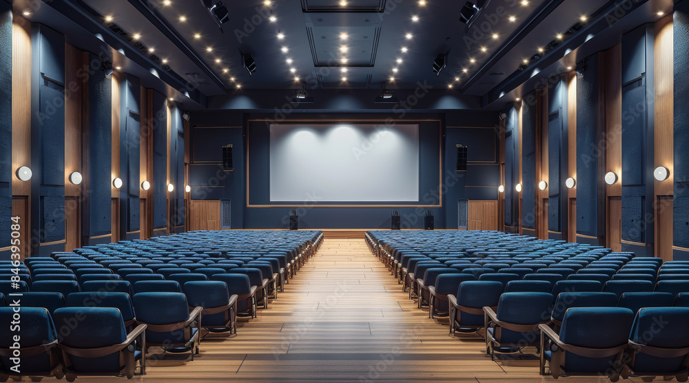 Obraz premium 3d render of the university auditorium, minimalistic style, many seats, white and dark blue colors, wooden floor, view on the board screen. Generative AI.