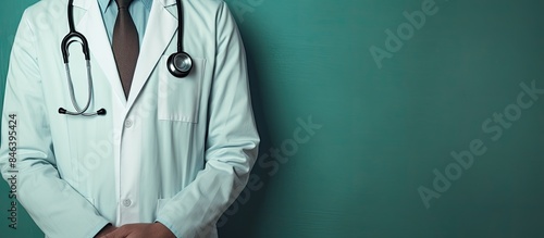 A white coated doctor with a stethoscope represents the concept of medicine a doctor s appointment and healthcare The image provides copy space photo