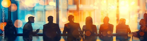 Silhouette of business people meeting in an office, wide banner with a copy space area and blurred background