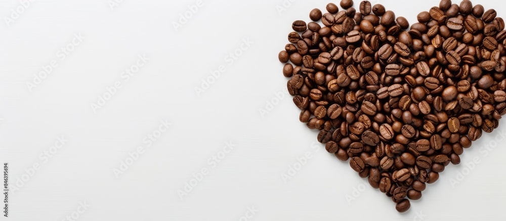 A top view of a heart shaped coffee bean on a blank space image. copy space available A top view of a heart shaped coffee bean on a blank space image. copy space available