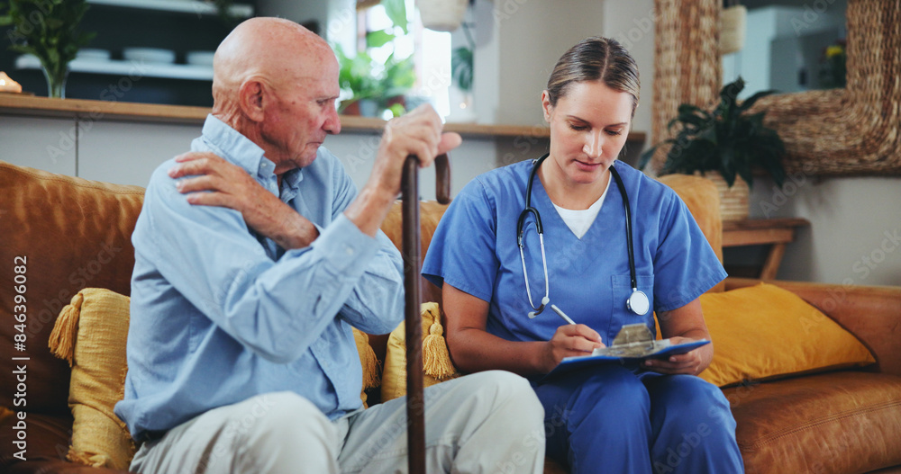 People, nurse and patient on sofa with clipboard for information, prescription and trust. Senior man, caregiver and care with kindness or support in old age home on couch with paperwork or report People, nurse and patient on sofa with clipboard for information, prescription and trust. Senior man, caregiver and care with kindness or support in old age home on couch with paperwork or report