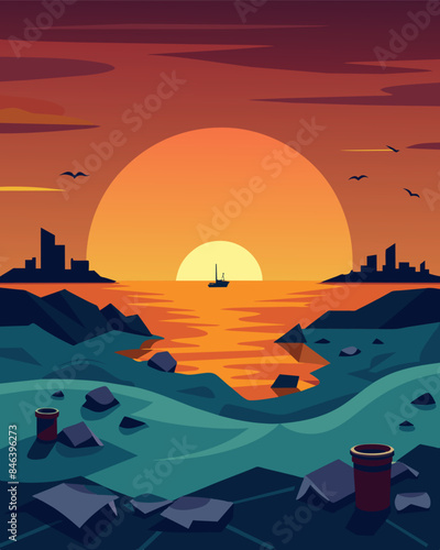 The sun sets over the horizon casting a grim light on the trashstrewn beaches of this polluted floating island.. Vector illustration
