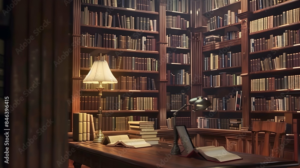 elegant library, with walls lined with bookshelves filled to capacity. A wooden desk adorned with reading materials and a classic lamp is centrally positioned elegant library, with walls lined with bookshelves filled to capacity. A wooden desk adorned with reading materials and a classic lamp is centrally positioned