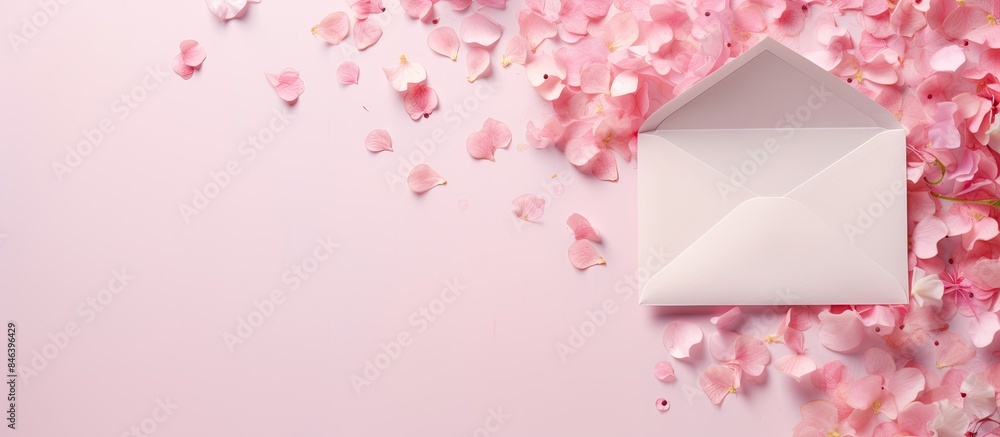 A beautiful image of confetti spilling from an envelope onto a soft pink backdrop The concept of correspondence is captured in this flat lay photograph which also features copy space for text A beautiful image of confetti spilling from an envelope onto a soft pink backdrop The concept of correspondence is captured in this flat lay photograph which also features copy space for text