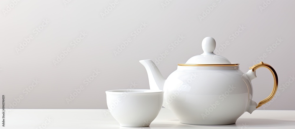 A copy space image featuring a porcelain teapot and teacup set displayed on a pristine white background A copy space image featuring a porcelain teapot and teacup set displayed on a pristine white background