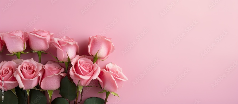 A copy space image featuring roses arranged in a corner with a pink background perfect for Valentine s Day or wedding designs A copy space image featuring roses arranged in a corner with a pink background perfect for Valentine s Day or wedding designs