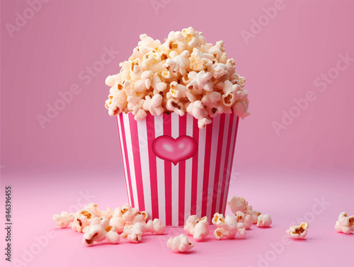 pink bucket of popcorn stands on a plain background, heart, romance, love, date, valentine's day, movie, food, day off, snack, fun, entertainment, pack, corn, film, cinema, card, symbol, sweet, salt