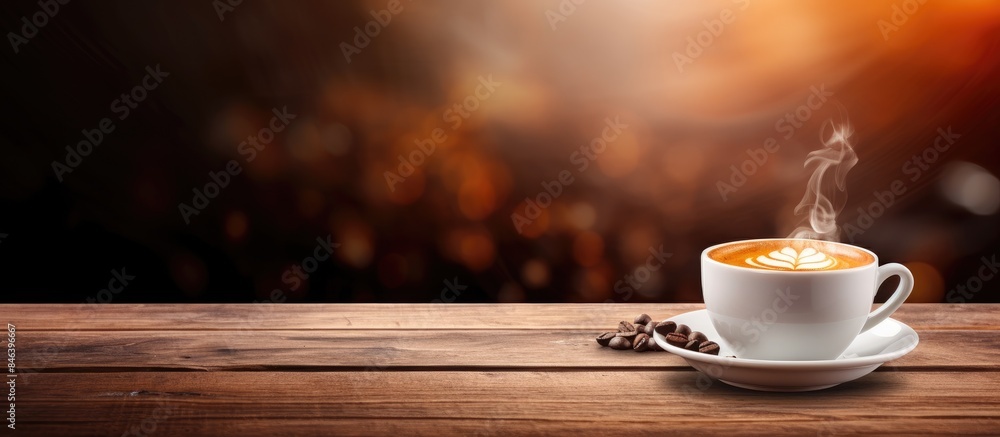 A cup of coffee is placed on a wooden table providing ample copy space for images A cup of coffee is placed on a wooden table providing ample copy space for images
