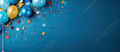 A festive blue table decorated with colorful balloons and confetti creates a vibrant background for a party The flat lay style of the image leaves ample copy space for text making it perfect for a bi