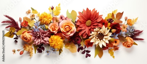 Fototapeta Naklejka Na Ścianę i Meble -  A beautiful fall themed floral arrangement with a colorful assortment of flowers placed on a clean white background The composition depicts the essence of autumn and can be seen from a bird s eye vie