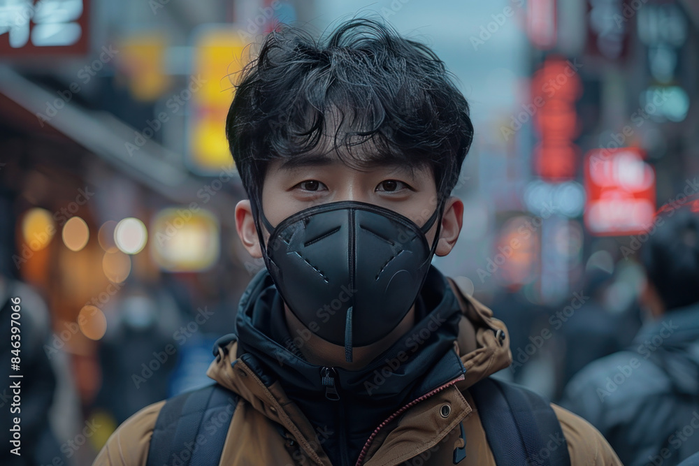 A man wearing a black mask is standing in a city street. The man is wearing a brown jacket and a backpack A man wearing a black mask is standing in a city street. The man is wearing a brown jacket and a backpack