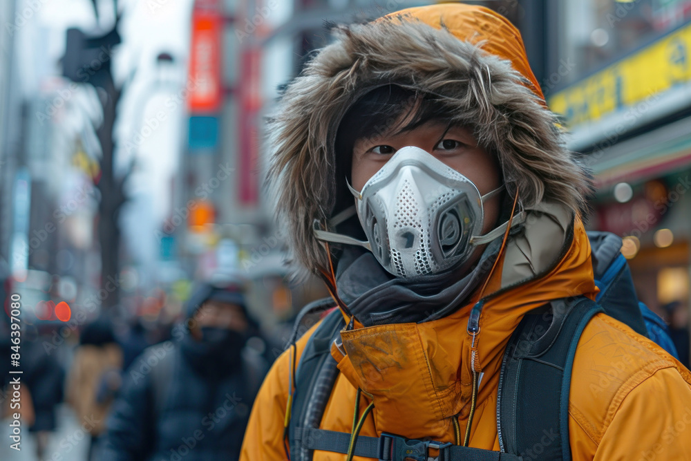 A man wearing a yellow jacket and a mask is standing in a crowd of people. Concept of isolation and discomfort, as the man is wearing a mask and he is struggling to breathe A man wearing a yellow jacket and a mask is standing in a crowd of people. Concept of isolation and discomfort, as the man is wearing a mask and he is struggling to breathe
