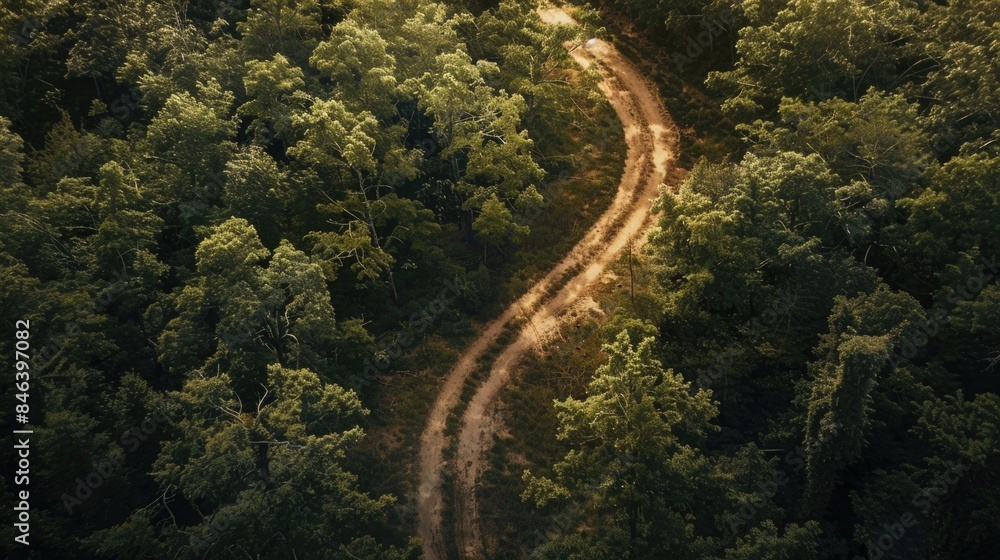 A winding road through a forest with trees on both sides A winding road through a forest with trees on both sides