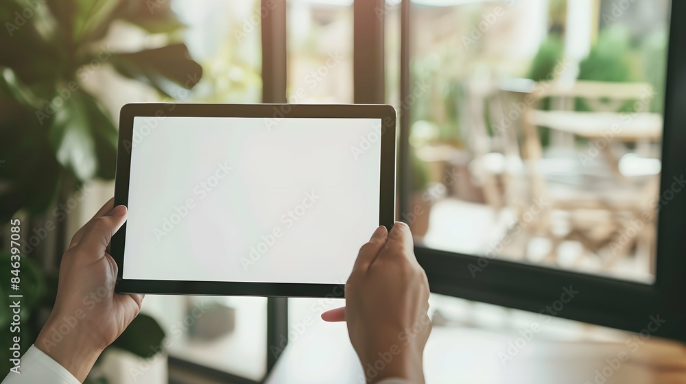 Woman hand holding digital tablet and sitting on the table in the house, mock-up of a blank screen for the application. Woman hand holding digital tablet and sitting on the table in the house, mock-up of a blank screen for the application.
