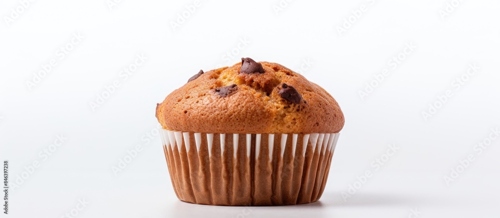 A small brown muffin is placed on a white background providing ample copy space for additional content A small brown muffin is placed on a white background providing ample copy space for additional content