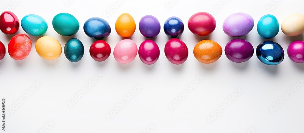 Aerial view of colorful Easter eggs arranged on a white background with a copy space image Aerial view of colorful Easter eggs arranged on a white background with a copy space image