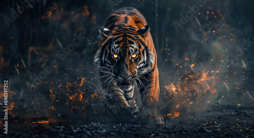A fierce tiger with glowing eyes and stripes running at full speed, surrounded by lightning bolts against an isolated background.