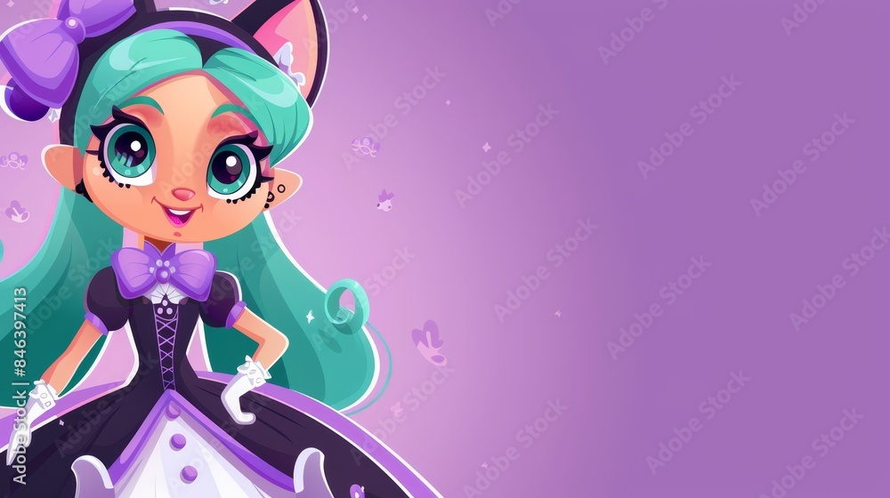 A cartoon girl in a purple background wears a dress adorned with cat ears atop her head and a cat tail trailing behind, surrounded by fluttering butterflies A cartoon girl in a purple background wears a dress adorned with cat ears atop her head and a cat tail trailing behind, surrounded by fluttering butterflies