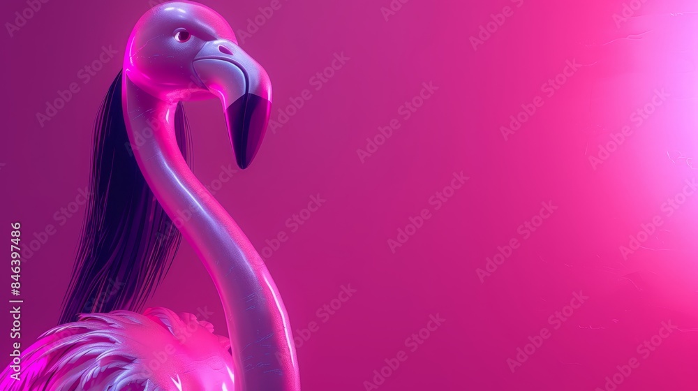 A pink flamingo before a pink backdrop, lit from above, sporting an uncharacteristic long black feather protruding from its head A pink flamingo before a pink backdrop, lit from above, sporting an uncharacteristic long black feather protruding from its head