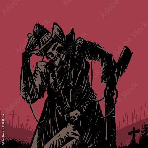 Cowboy Skeleton in Old Cemetery Vector Illustration