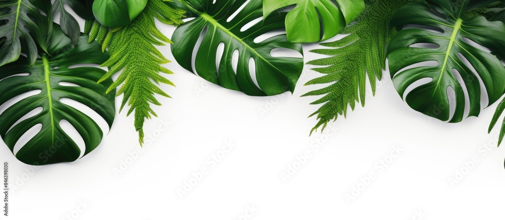 A flat lay picture of tropical Monstera leaves on a white background providing ample copy space The image is captured from a top down perspective