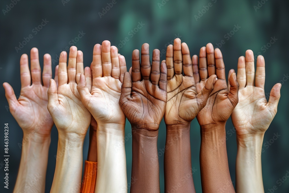 A photo of diverse hands raised in unison, representing unity, support, and equality