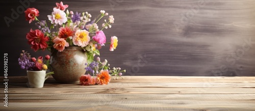 Wallpaper Mural A rustic wooden table adorned with a delightful arrangement of flowers displayed in a charming jar creating a visually appealing copy space image Torontodigital.ca