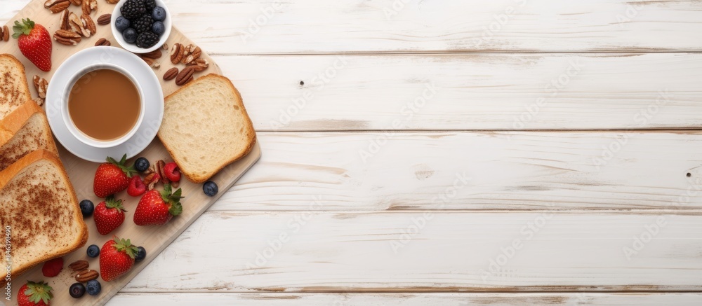 A top down view of breakfast consisting of coffee and toast arranged on a white wooden table with empty space for additional elements in the image A top down view of breakfast consisting of coffee and toast arranged on a white wooden table with empty space for additional elements in the image