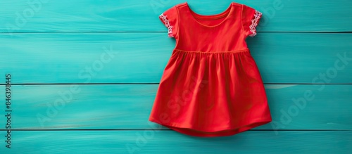 A vibrant red baby dress is placed on turquoise boards creating a captivating shopping concept Ample space is available for images or text photo