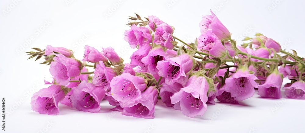 Fototapeta premium A macro copy space image of purple foxglove flowers isolated on a white background captured in a studio setting with a large depth of field