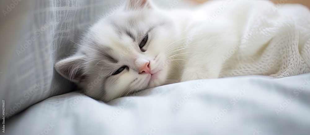 A beautiful Scottish fold kitten peacefully sleeping in a cozy white bed The cute white cat has lovely grey ears and creates a perfect copy space image for a pet cat portrait in a cozy home A beautiful Scottish fold kitten peacefully sleeping in a cozy white bed The cute white cat has lovely grey ears and creates a perfect copy space image for a pet cat portrait in a cozy home